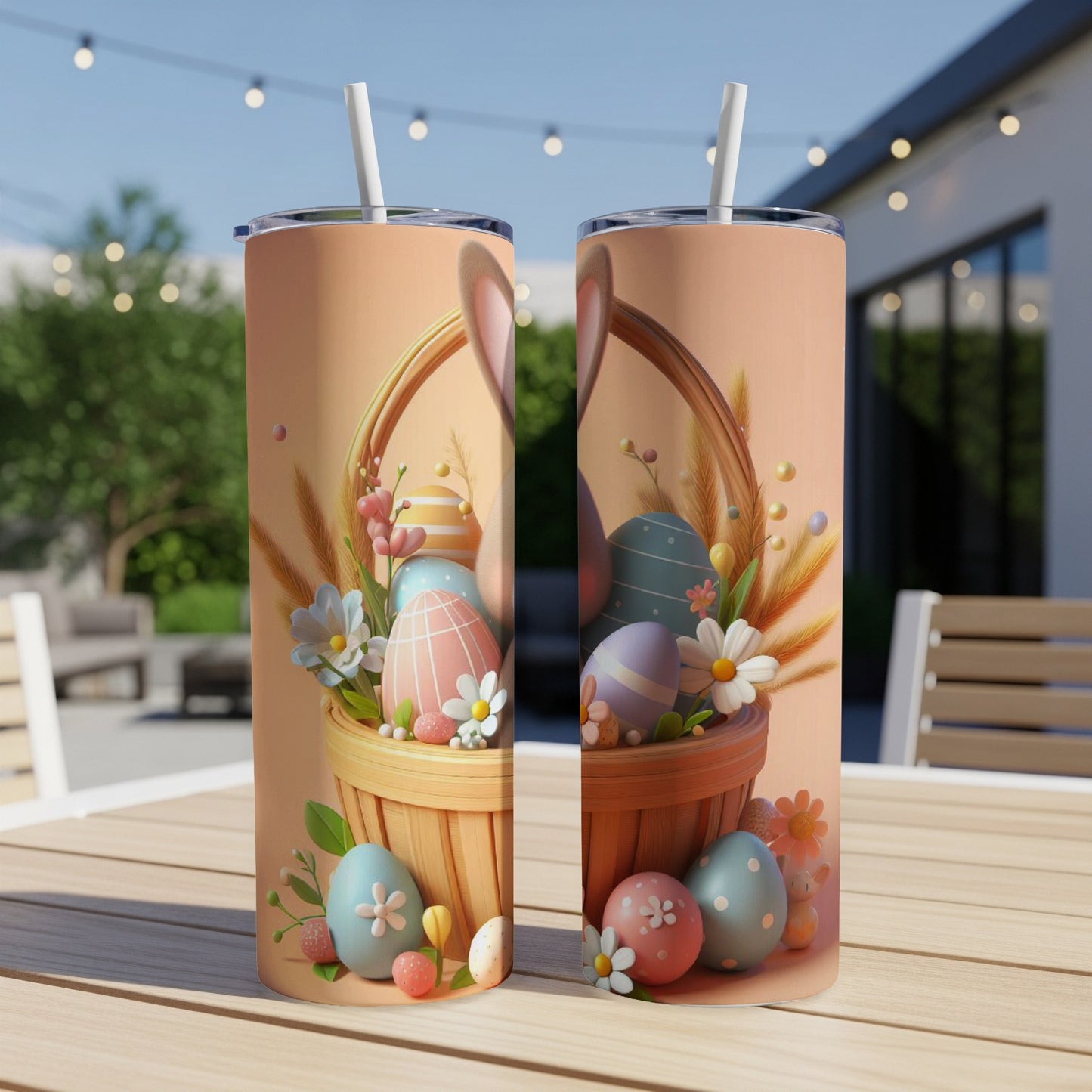 Two tall tumblers with Easter basket and egg designs.