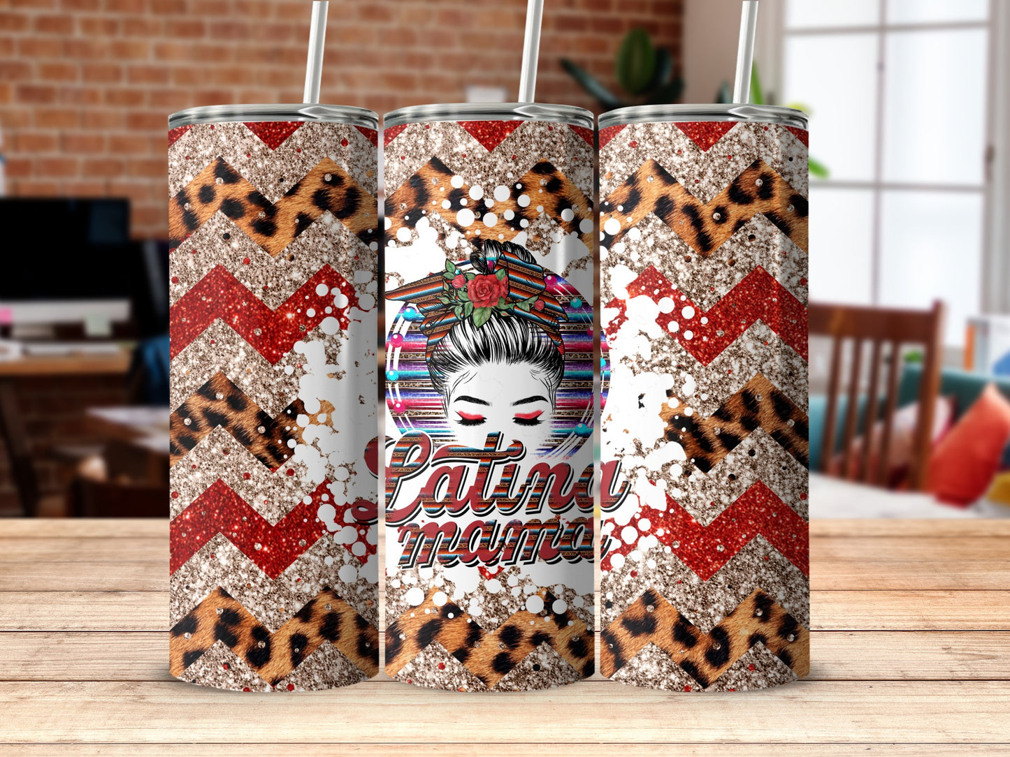 Glittery tumbler with "Latina Mama" text, leopard print, and chevron patterns.