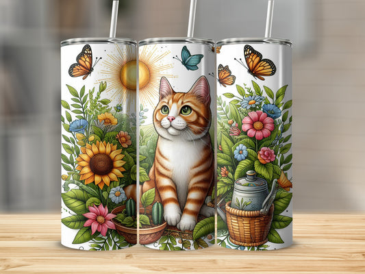Orange tabby cat surrounded by sunflowers, flowers, butterflies, and gardening supplies.