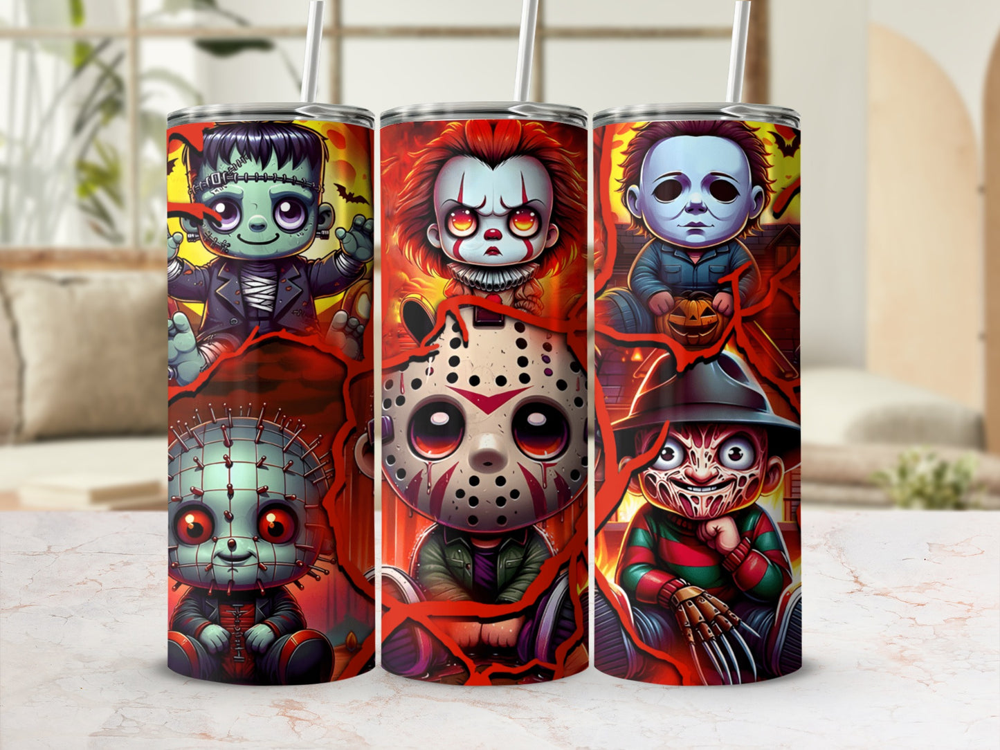 Three tumblers featuring cartoon horror characters: Frankenstein, Pennywise, and Michael Myers.