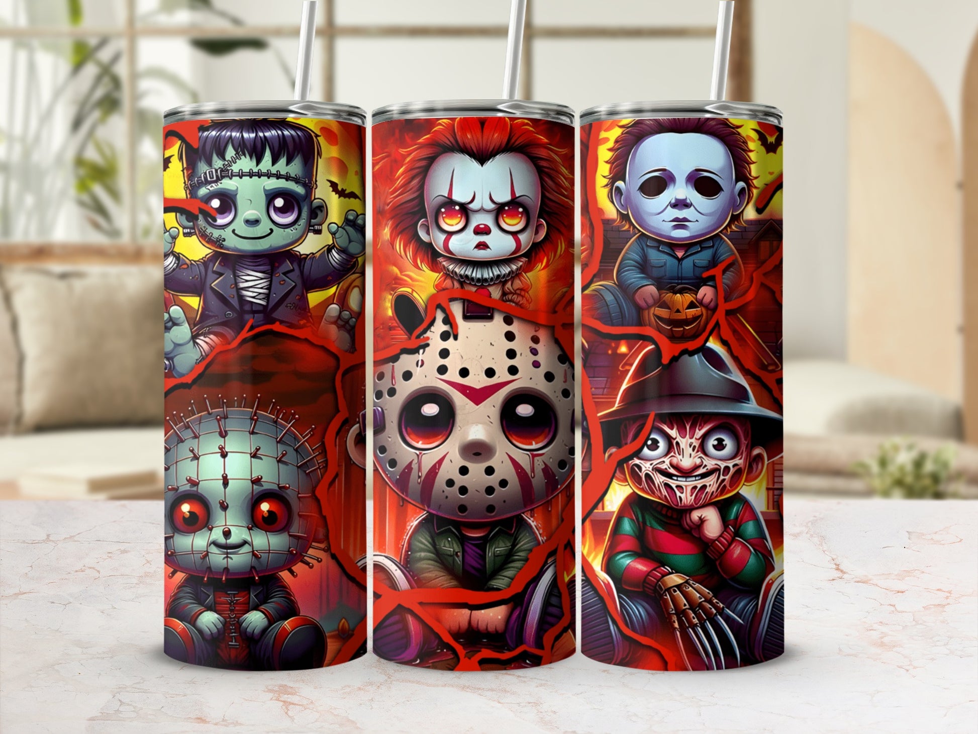 Three tumblers featuring cartoon horror characters: Frankenstein, Pennywise, and Michael Myers.