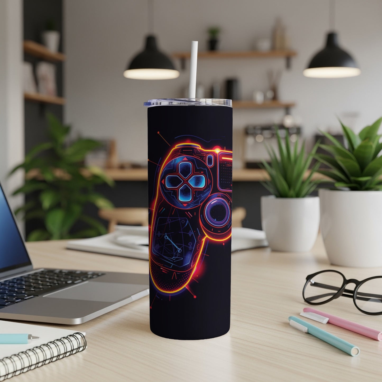 Black tumbler with neon outline of a video game controller design.