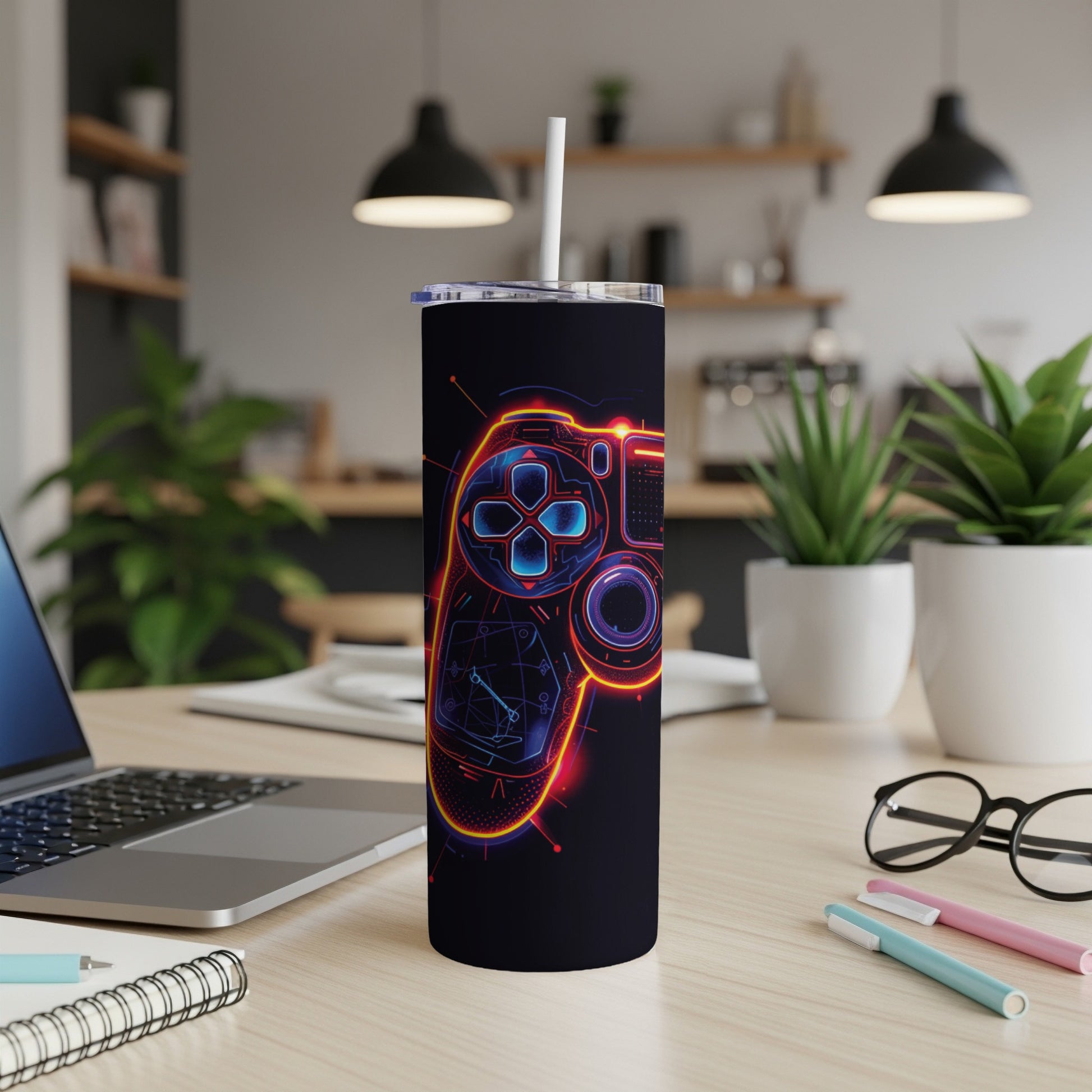 Black tumbler with neon outline of a video game controller design.