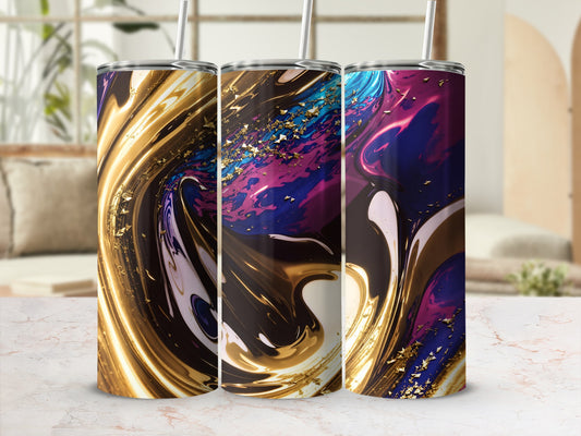 Three tumblers with swirling gold, purple, and blue abstract designs.