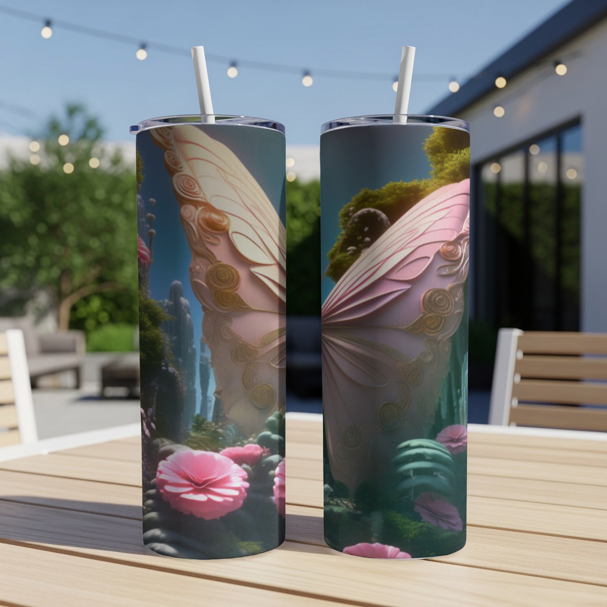 Two tumblers with pink butterfly wings and floral designs on a table.