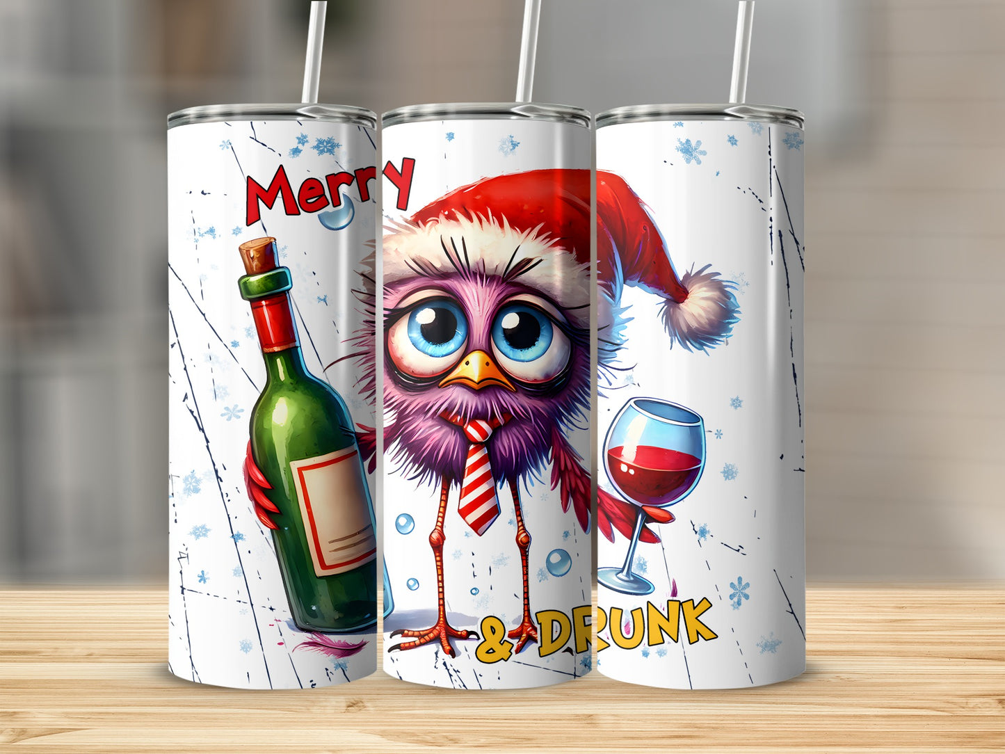 Christmas bird wearing a Santa hat holds a wine bottle and glass.