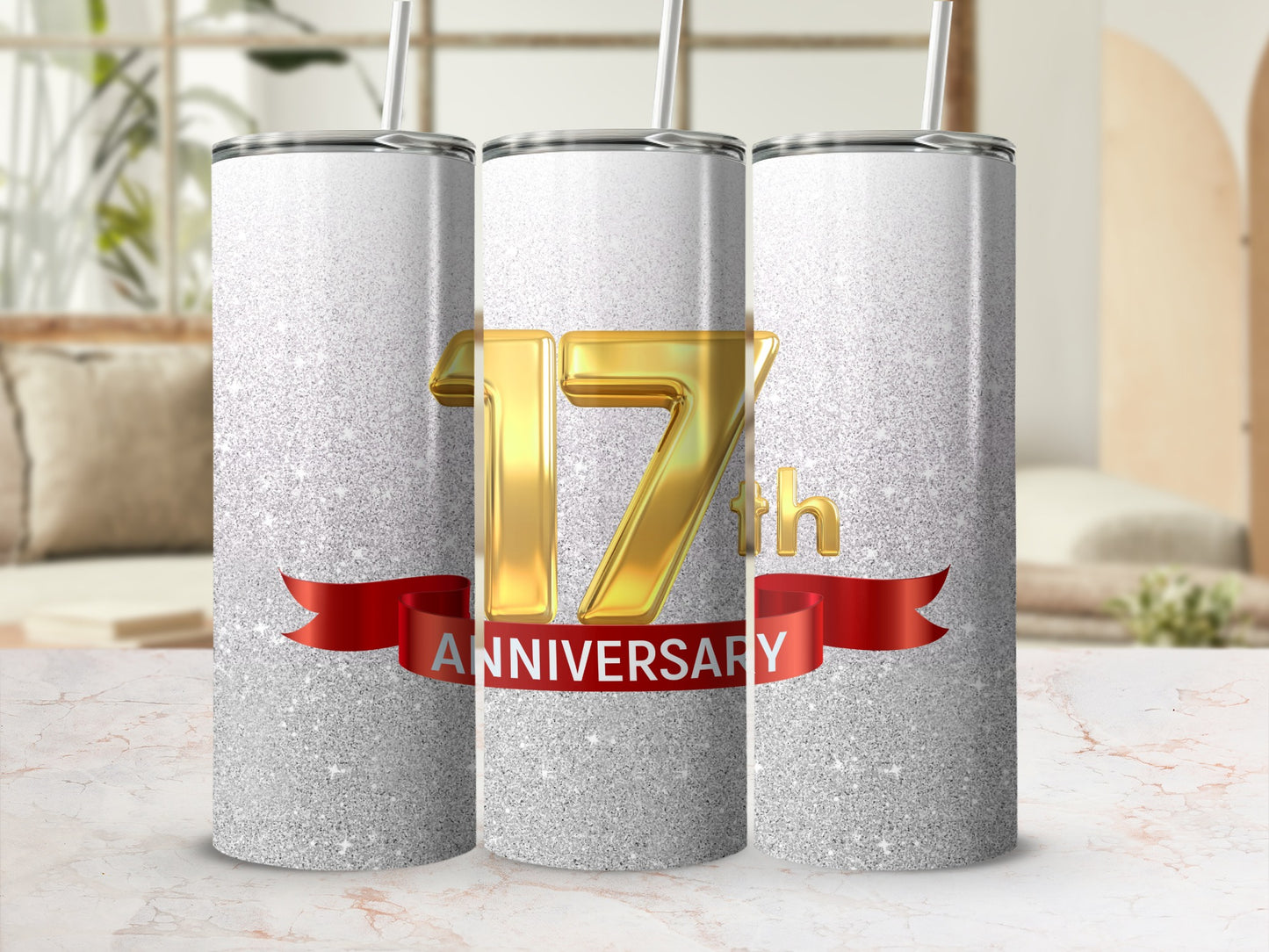 Gold "17" and "ANNIVERSARY" text on sparkly silver tumblers.