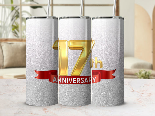 Gold "17" and "ANNIVERSARY" text on sparkly silver tumblers.