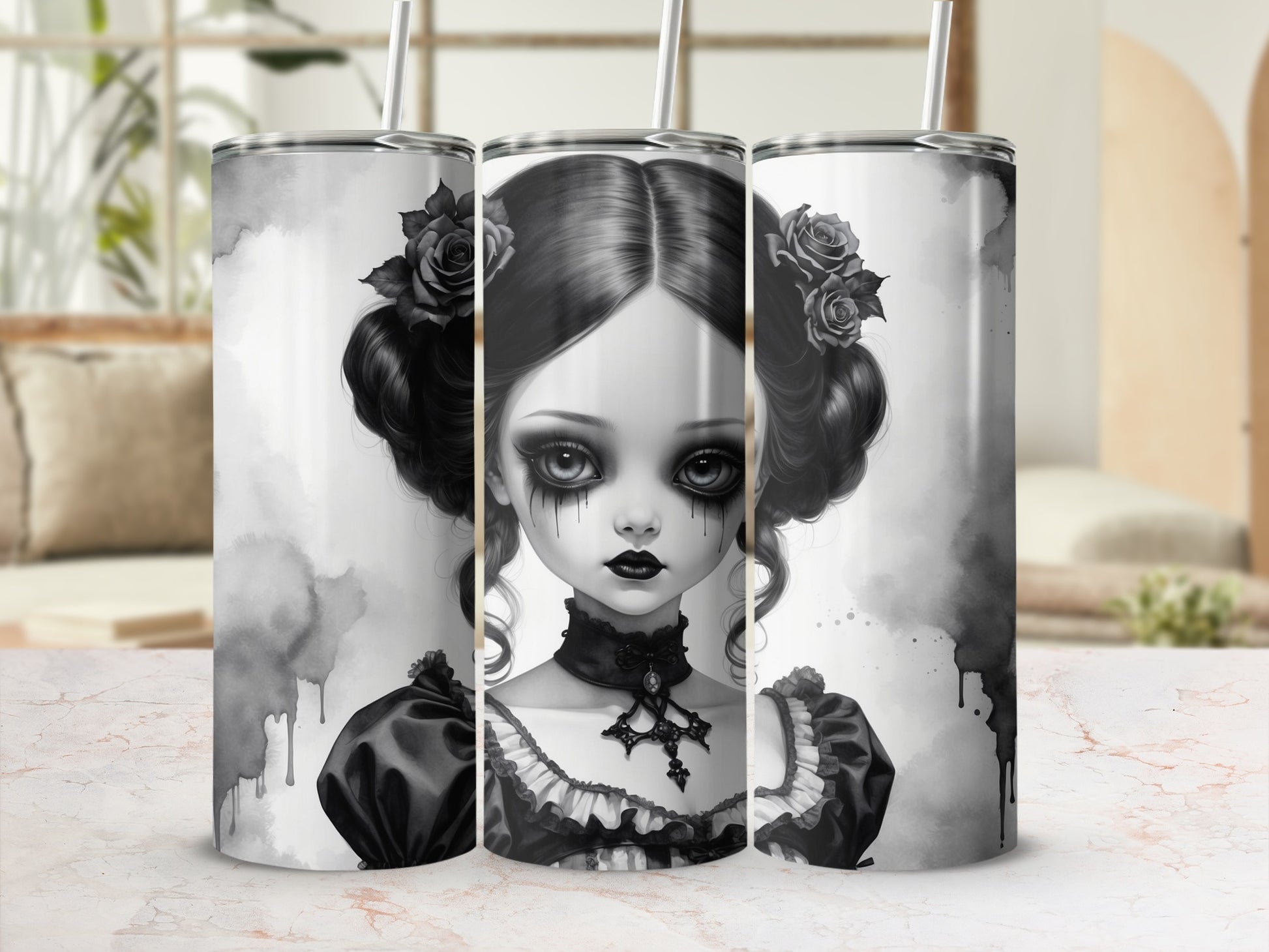 Gothic doll with dark eye makeup and ornate collar on a tumbler.