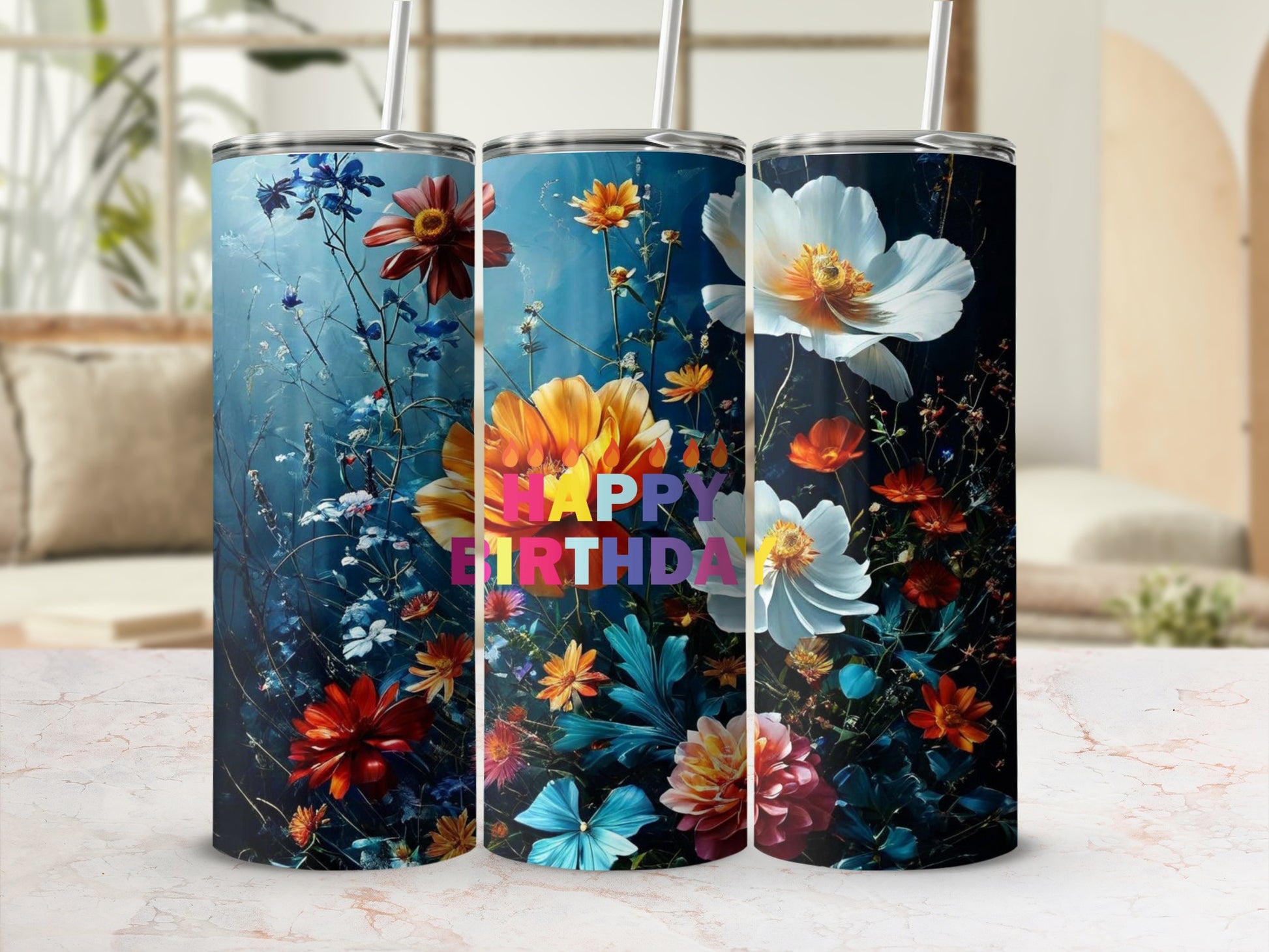 Tumbler with vibrant floral design and "Happy Birthday" text.