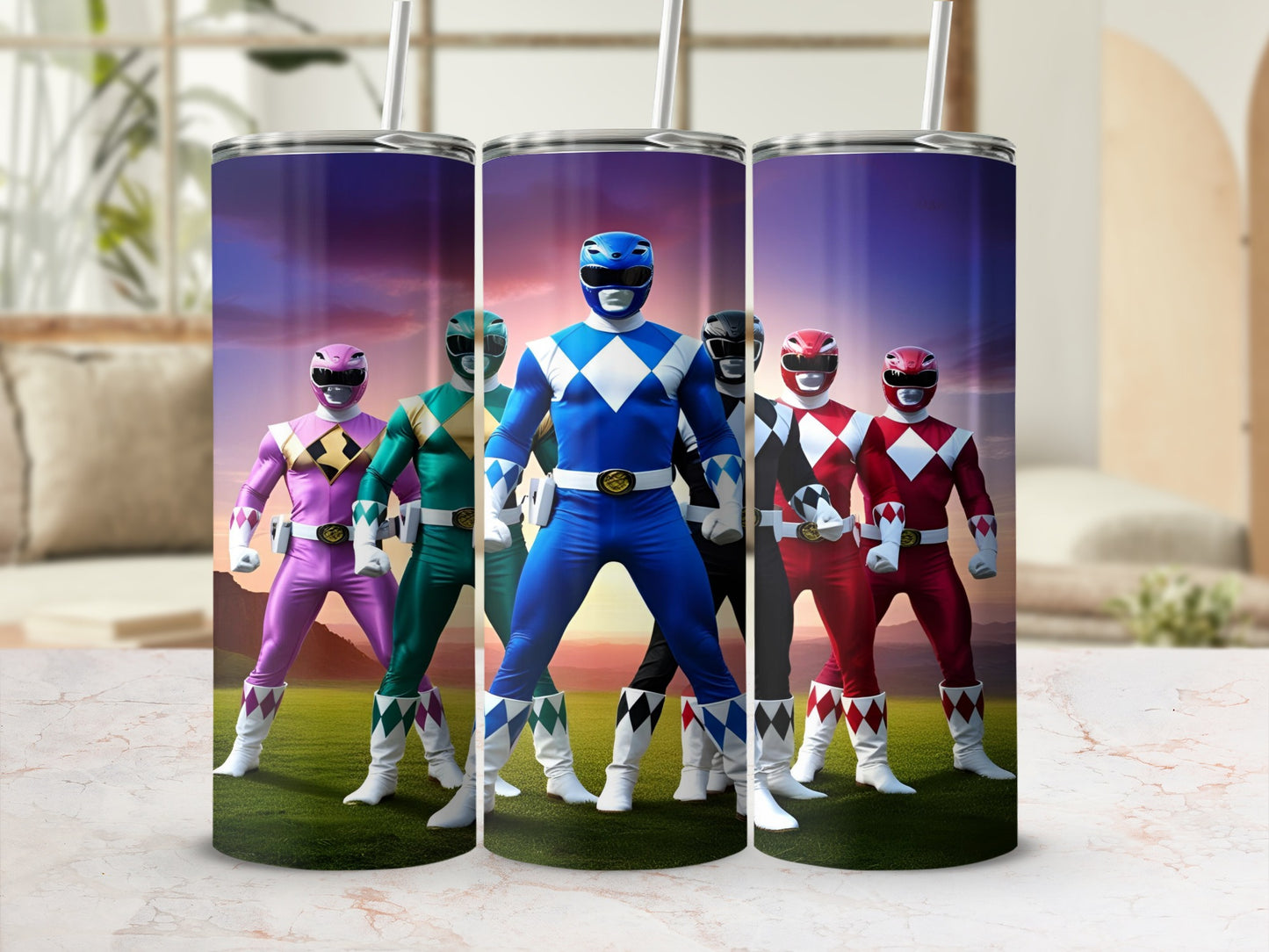 Five Power Rangers standing in formation on grassy terrain.