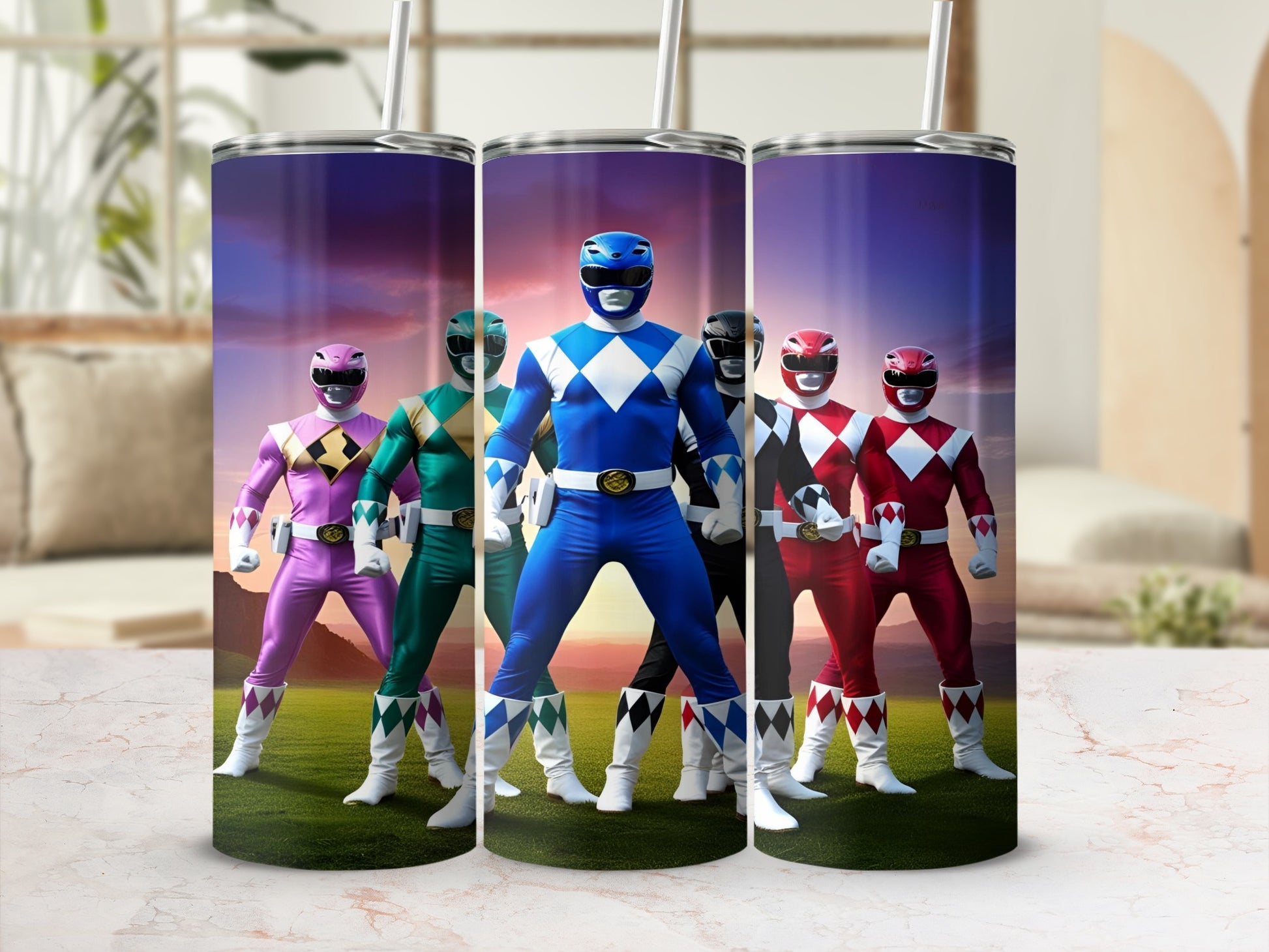 Five Power Rangers standing in formation on grassy terrain.