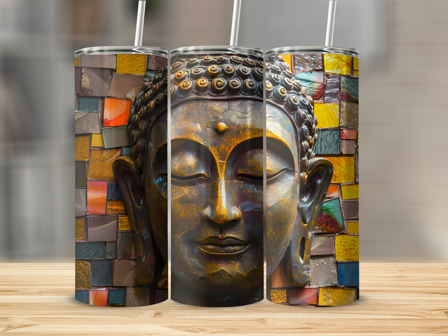 Three tumblers featuring a close-up of a Buddha face with mosaic tile background.
