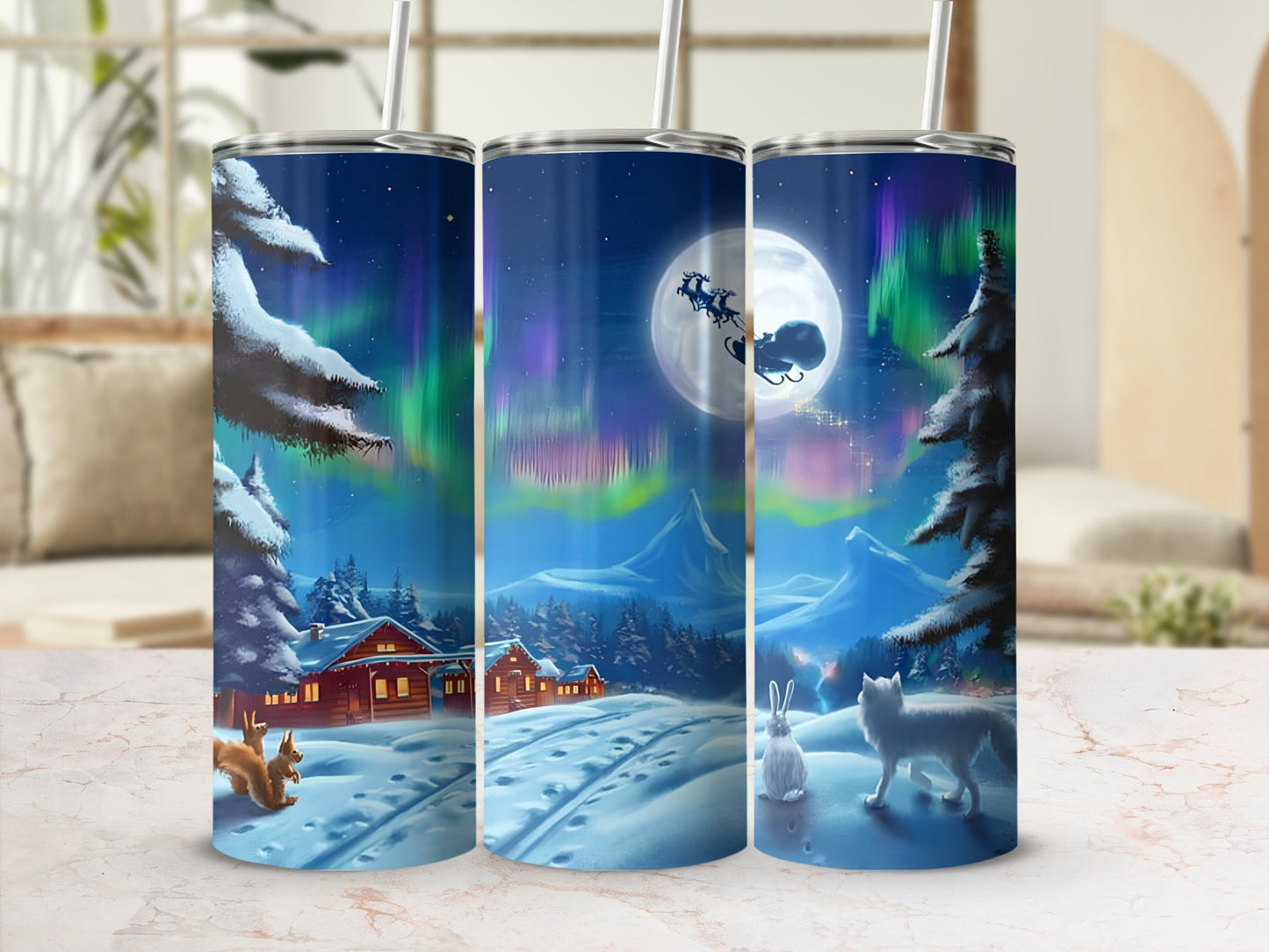 Santa Sleigh Northern Lights Christmas Scene Tumbler