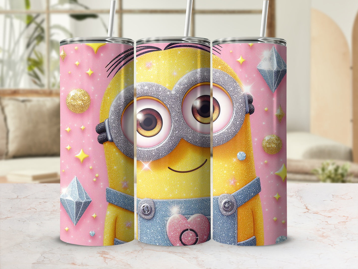 Cute Glittery Minion Tumbler with Pink Background