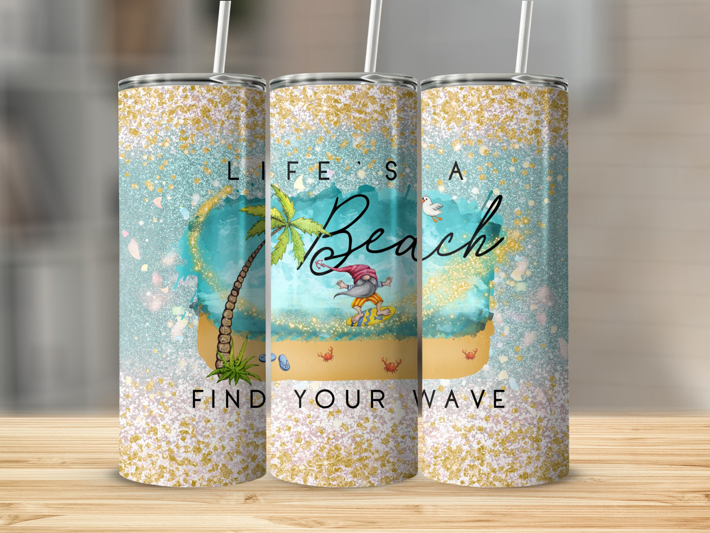 "Life's a Beach" tumbler with a beach scene, palm tree, and crab.