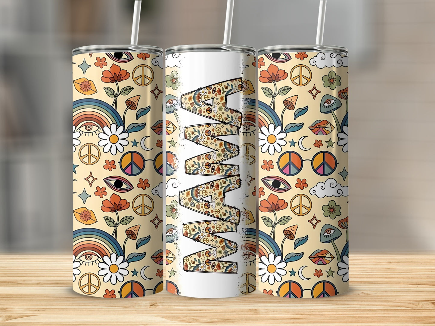 Colorful Boho Mama Peace and Flowers Tumbler Product