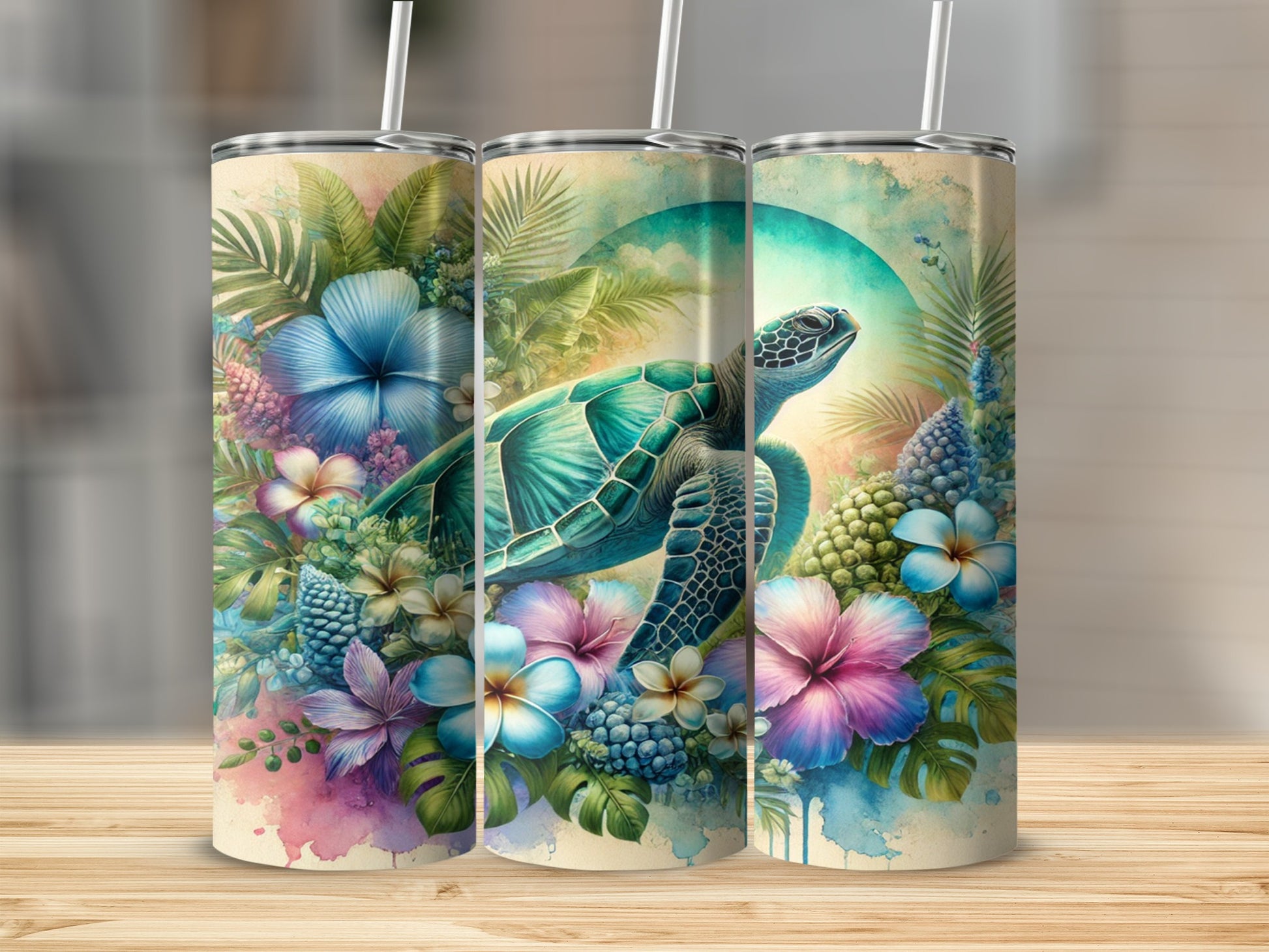 Tropical Sea Turtle and Flowers Art Tumbler Cup