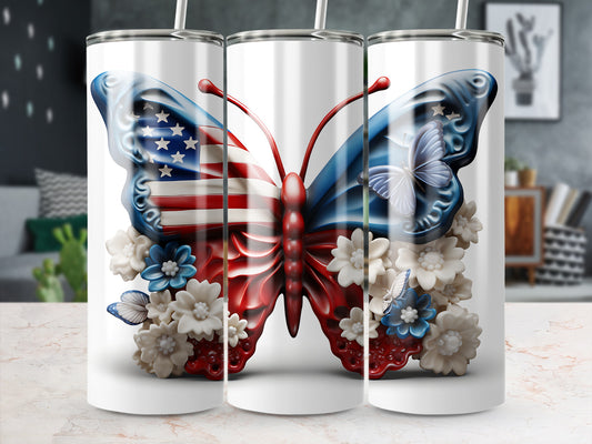 Butterfly with American flag wings surrounded by white and blue flowers.