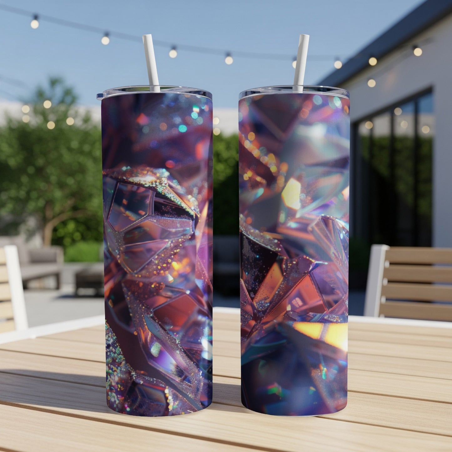 Two tumblers with iridescent faceted geometric pattern on a wooden table.
