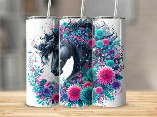 Black horse silhouette adorned with vibrant pink, blue, and teal floral accents.