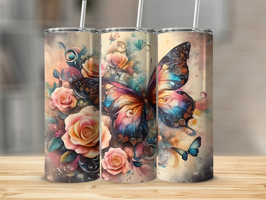 Three tumblers with a watercolor butterfly and rose design.