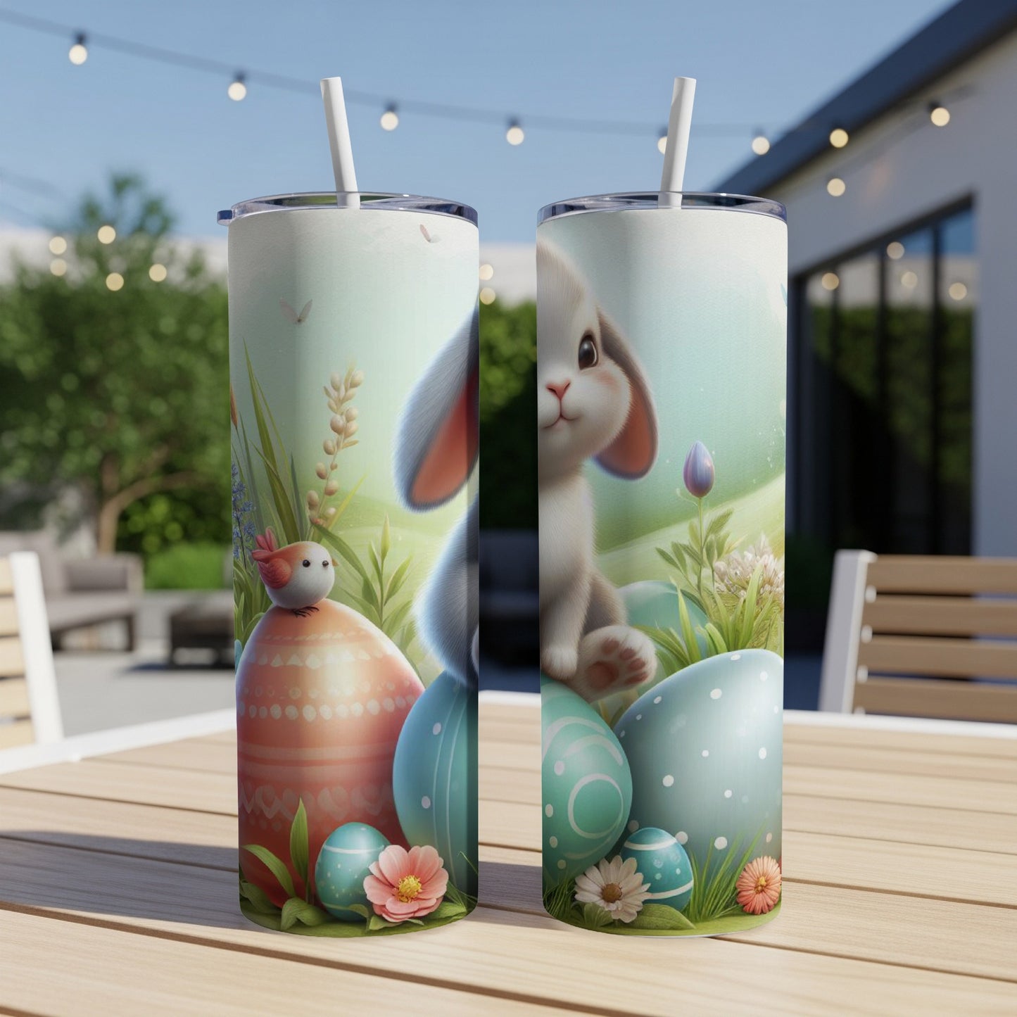Easter bunny and eggs design on two tall, insulated tumblers.