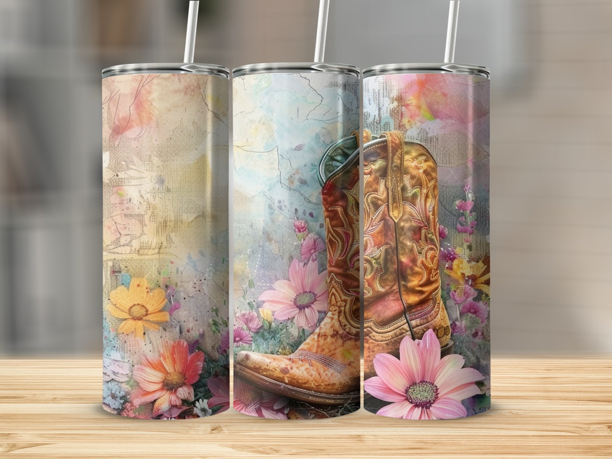 Cowboy boot with floral watercolor background, on three tumblers.
