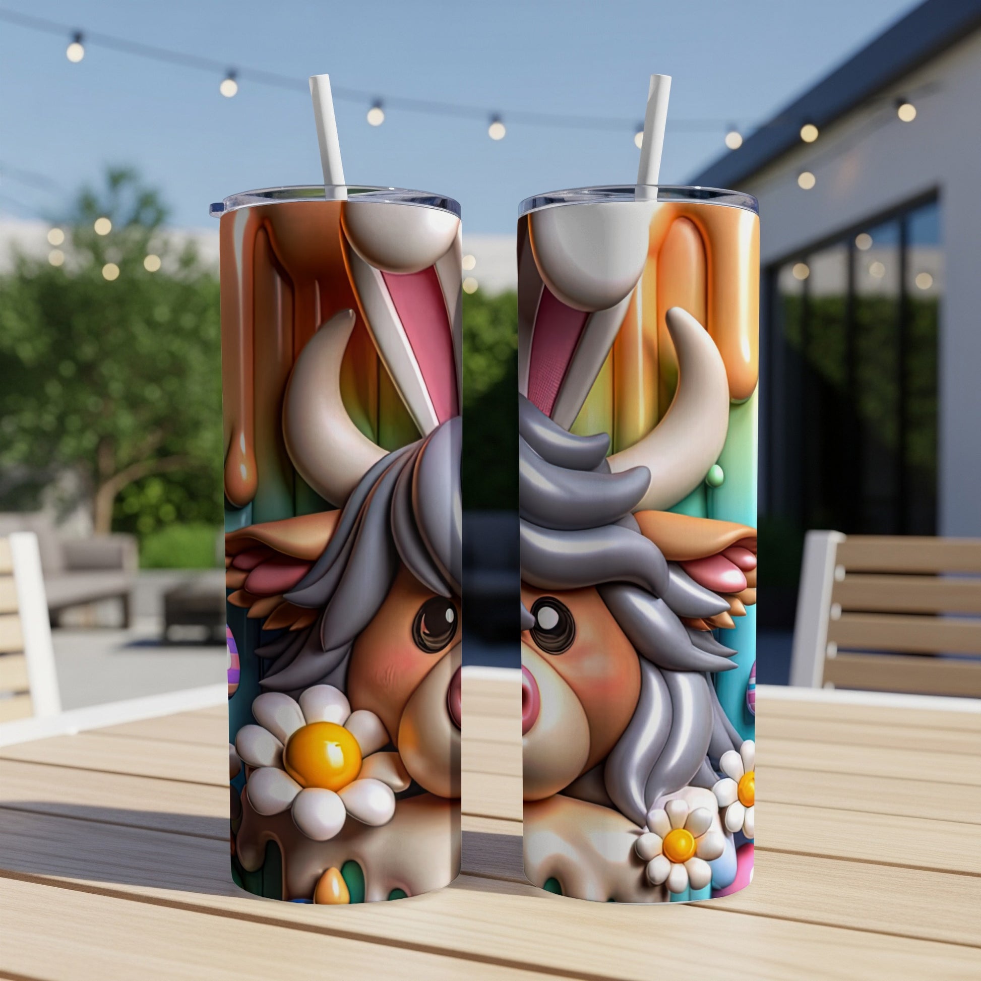 Cow wearing bunny ears and flowers on a colorful tumbler.