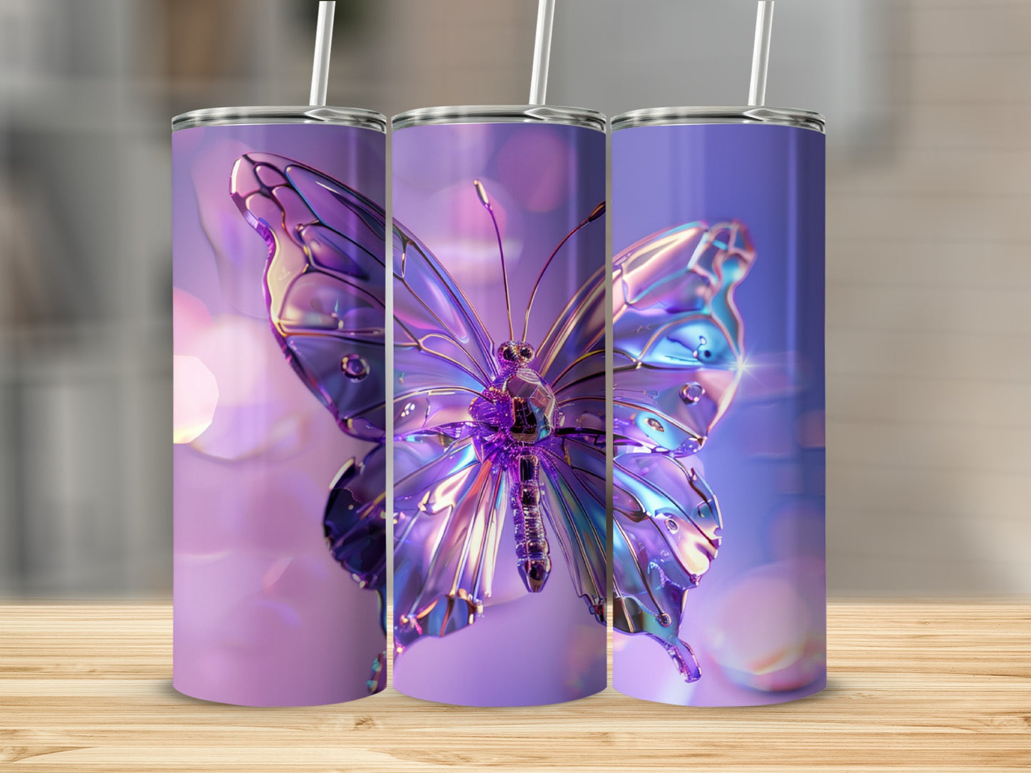 Iridescent glass butterfly design on a purple gradient tumbler with straw.