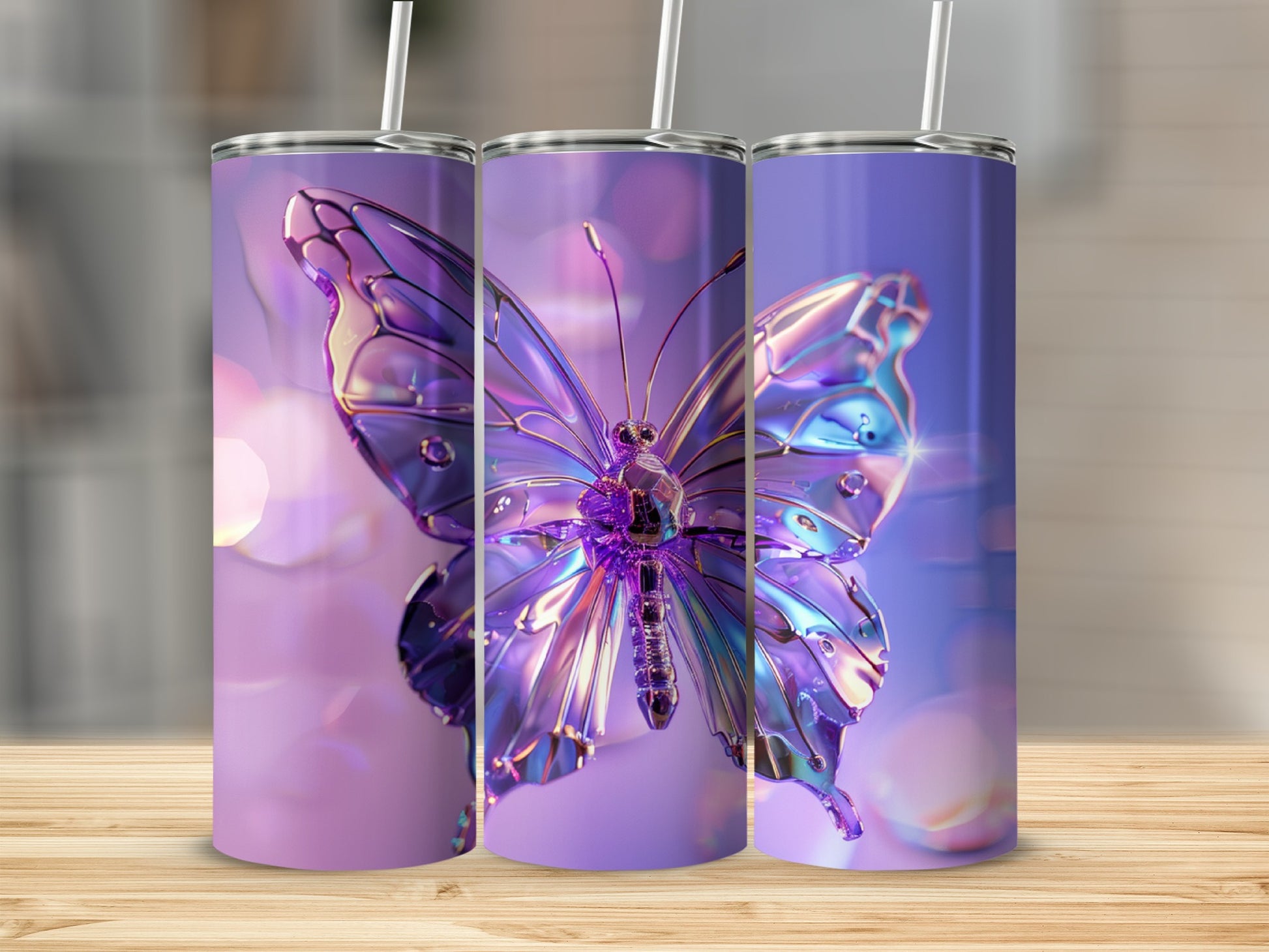 Iridescent glass butterfly design on a purple gradient tumbler with straw.