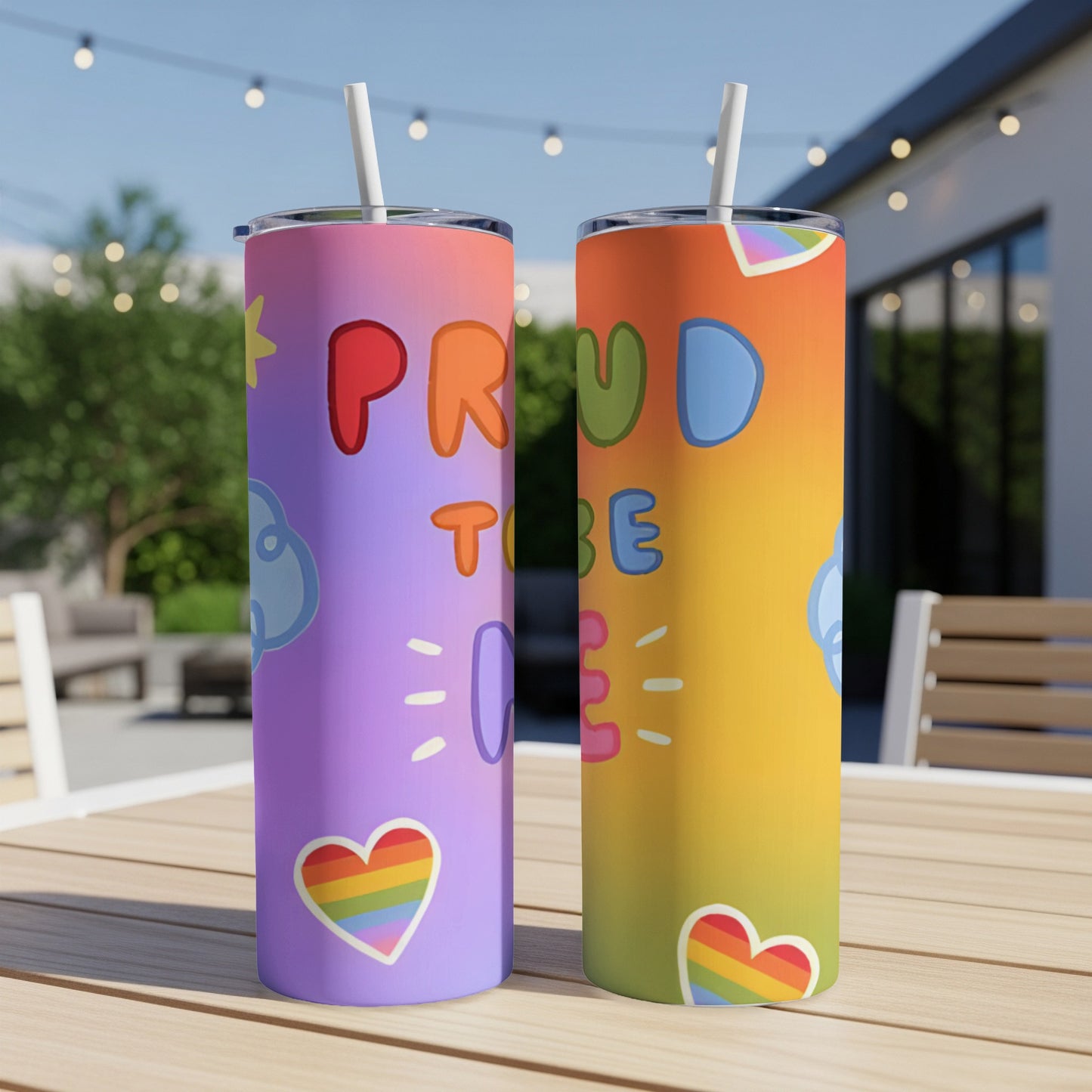 Pride to Be Me tumbler with rainbow heart and colorful gradient design.
