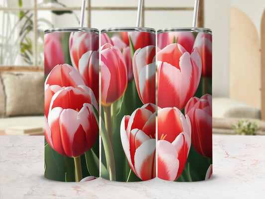 Three tumblers with a close-up red and white tulip floral pattern.