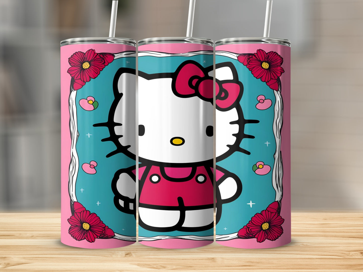 Three pink tumblers featuring Hello Kitty in a pink dress with a red bow.