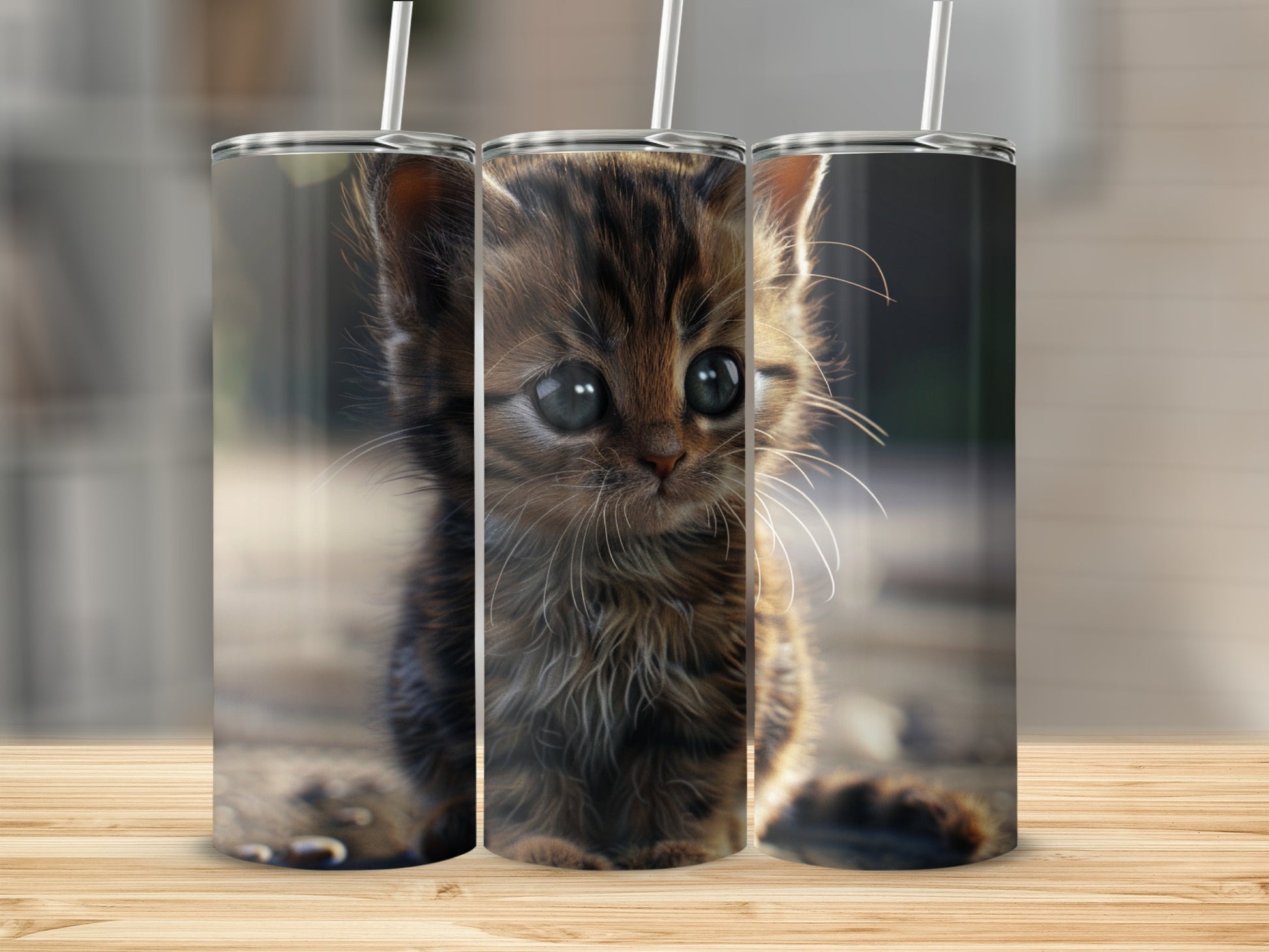 Close-up of a fluffy tabby kitten with large, round eyes.