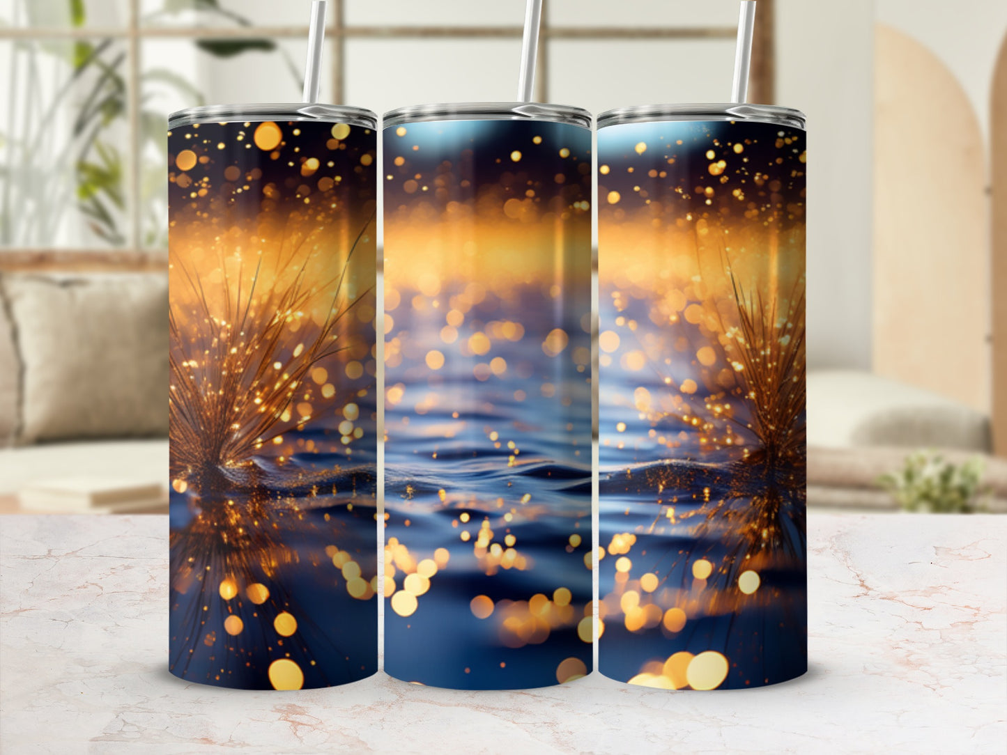 Three tumblers with a bokeh and water reflection design.