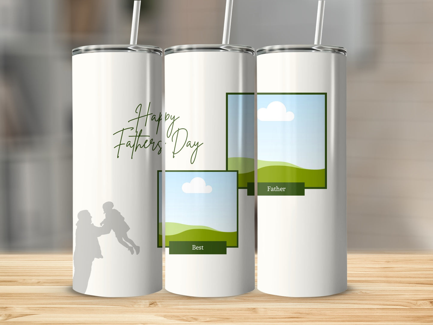 White tumblers with "Happy Fathers Day" text and silhouette of father lifting child.