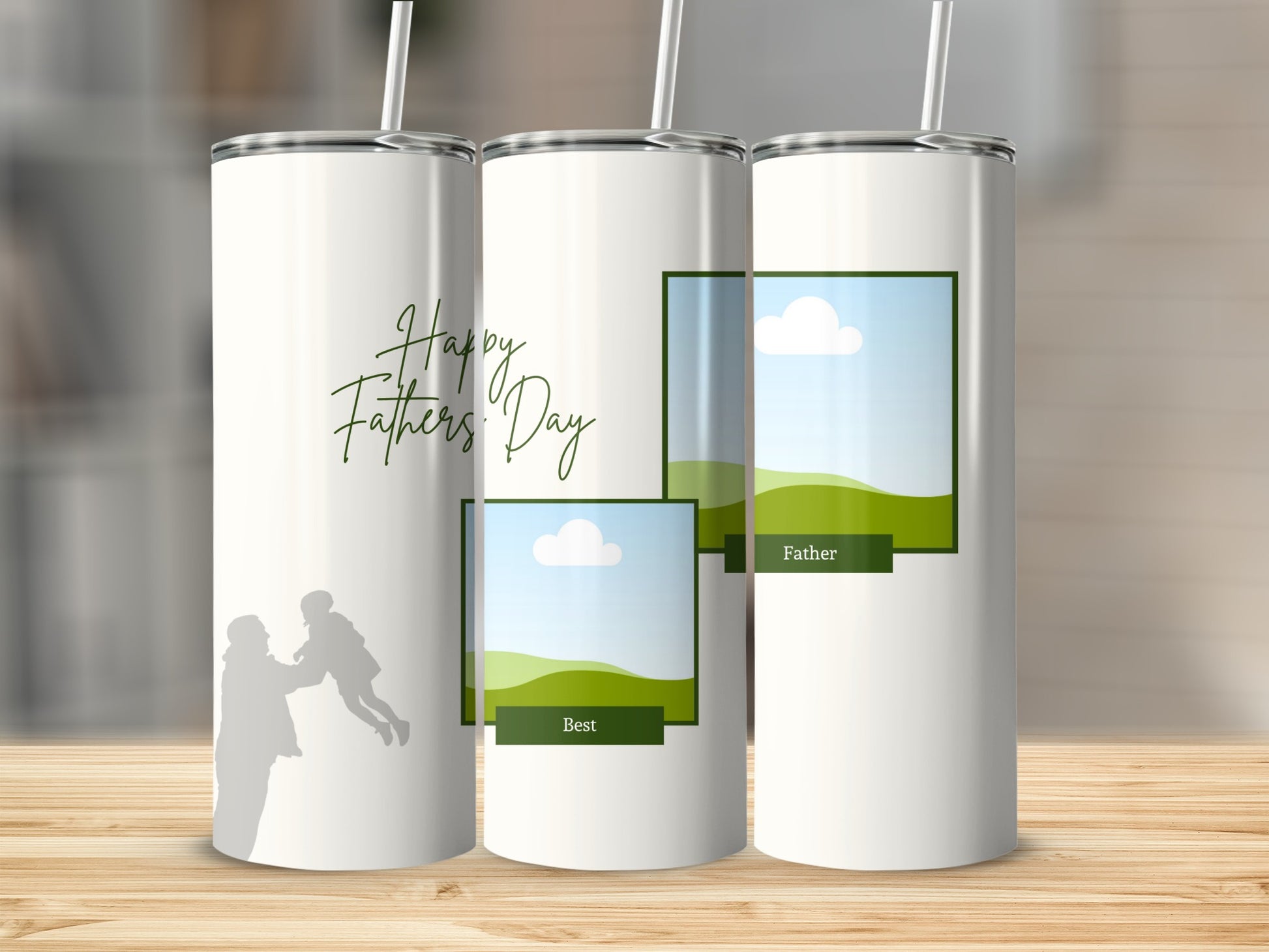 White tumblers with "Happy Fathers Day" text and silhouette of father lifting child.