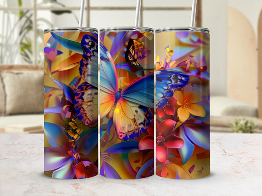 Three tumblers with iridescent butterfly and floral designs.