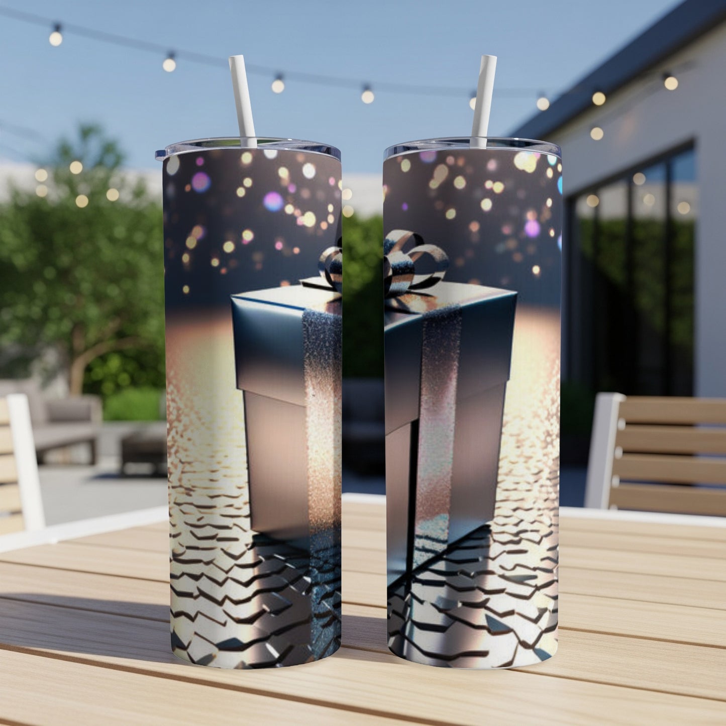 Two silver gift boxes with ribbons on a textured surface, outdoor setting.