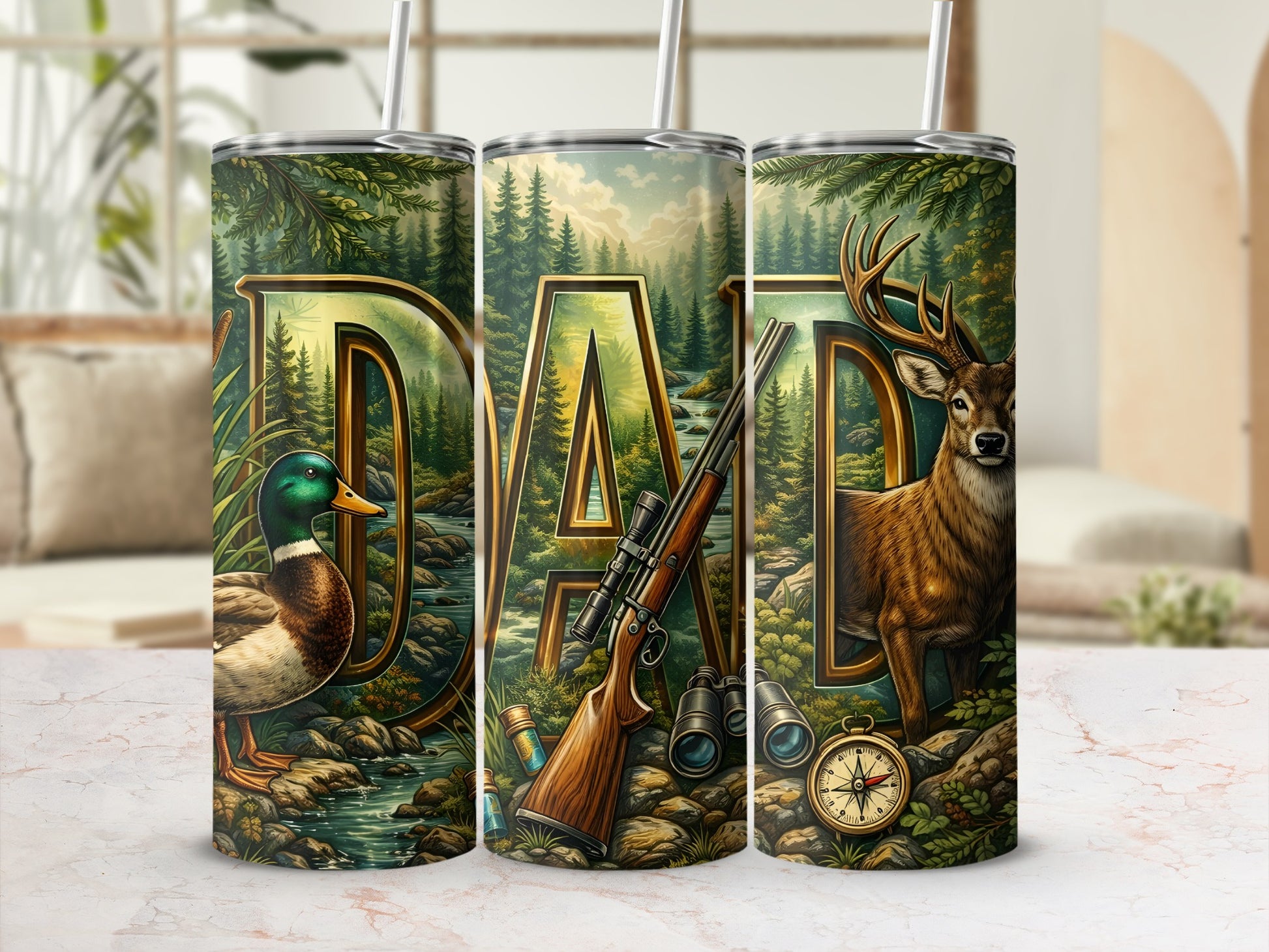 Tumbler with "Dad" in large gold letters, featuring hunting and outdoor scenes.