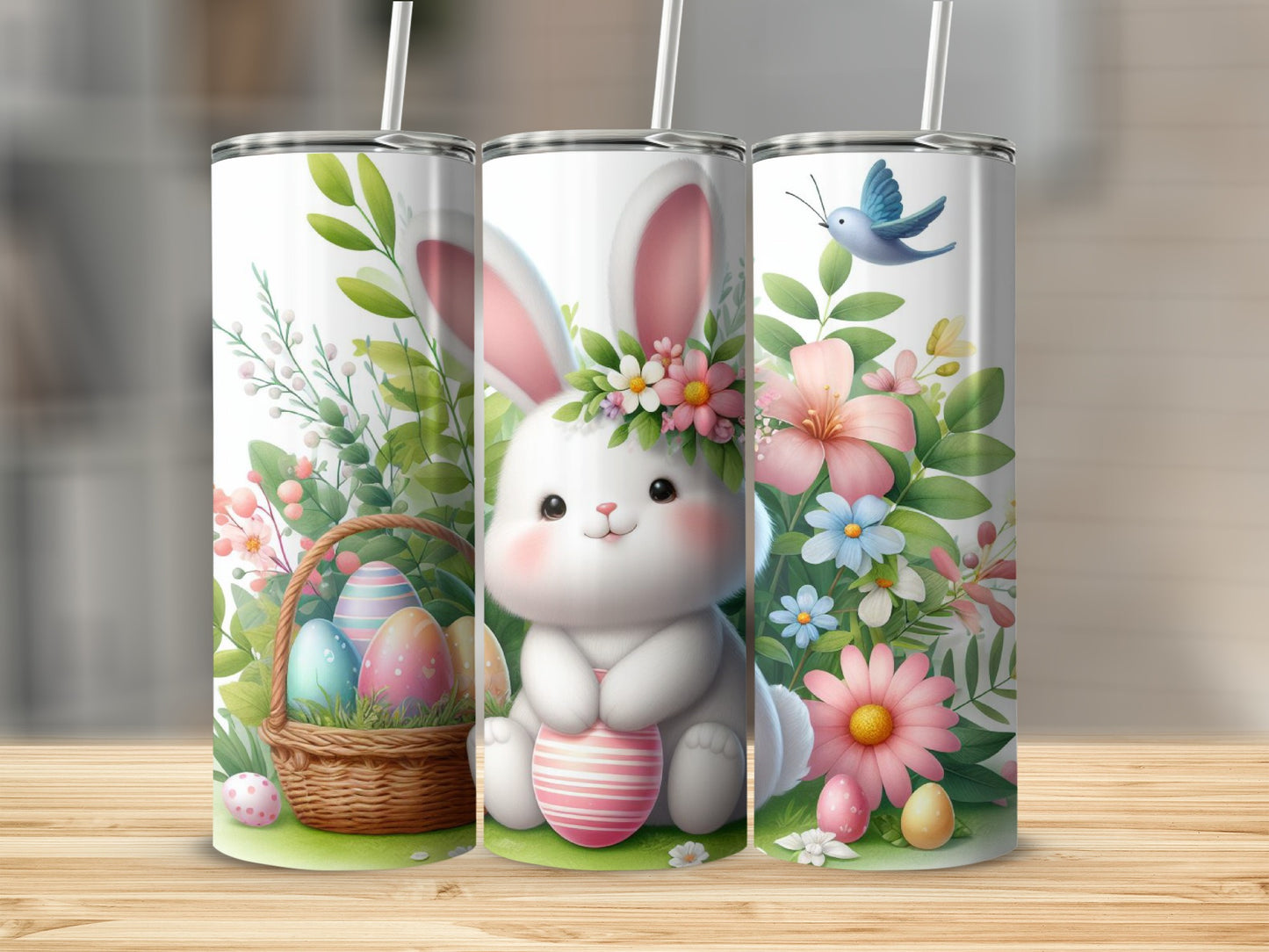 Easter bunny with basket of eggs surrounded by flowers and greenery.