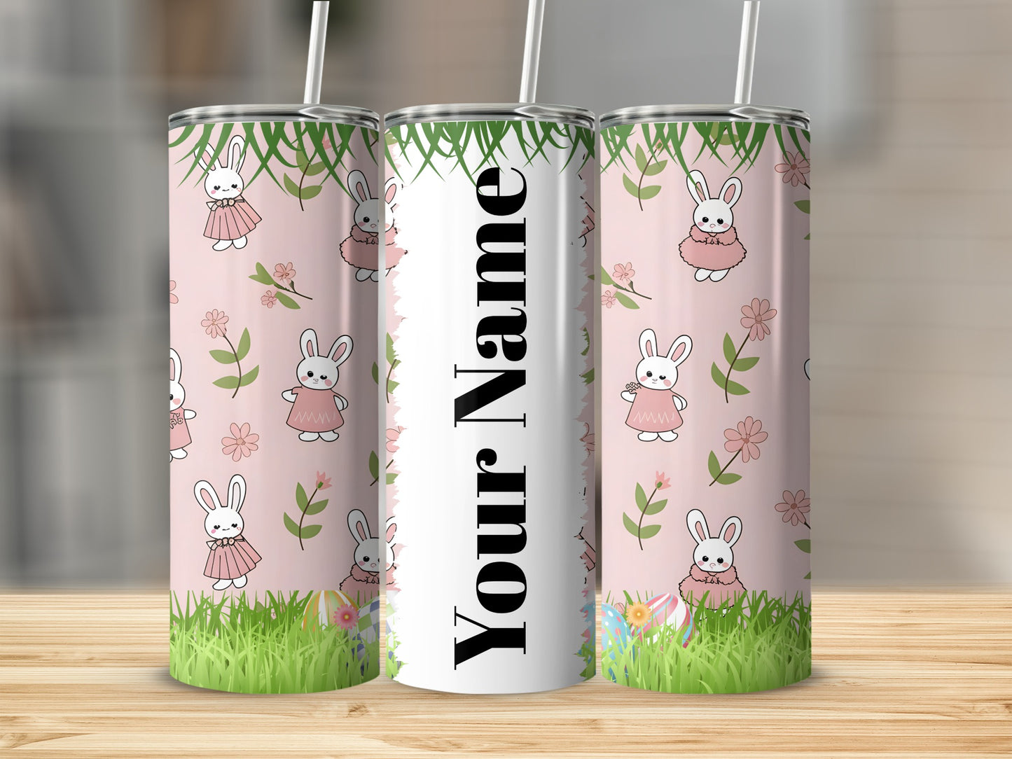 Custom Pink Bunny and Floral Personalized Tumbler