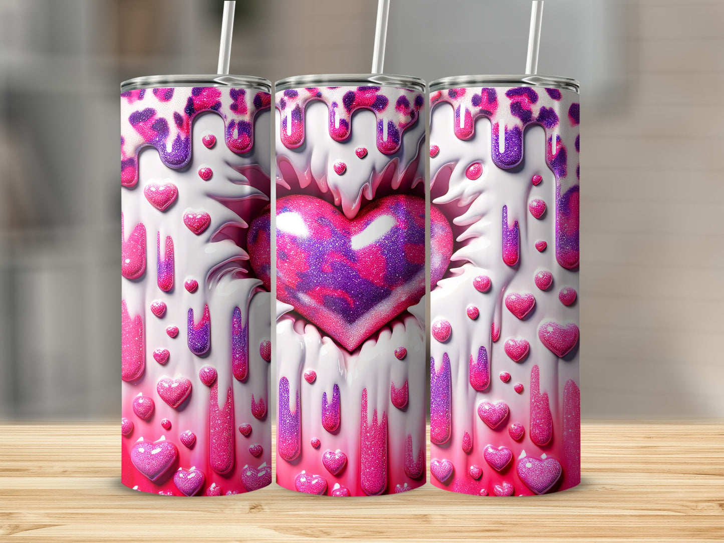 Heart with Pink and Purple Drips Valentine's Day! Glittering Heart Surrounded Love in Pink Purple Tumblers