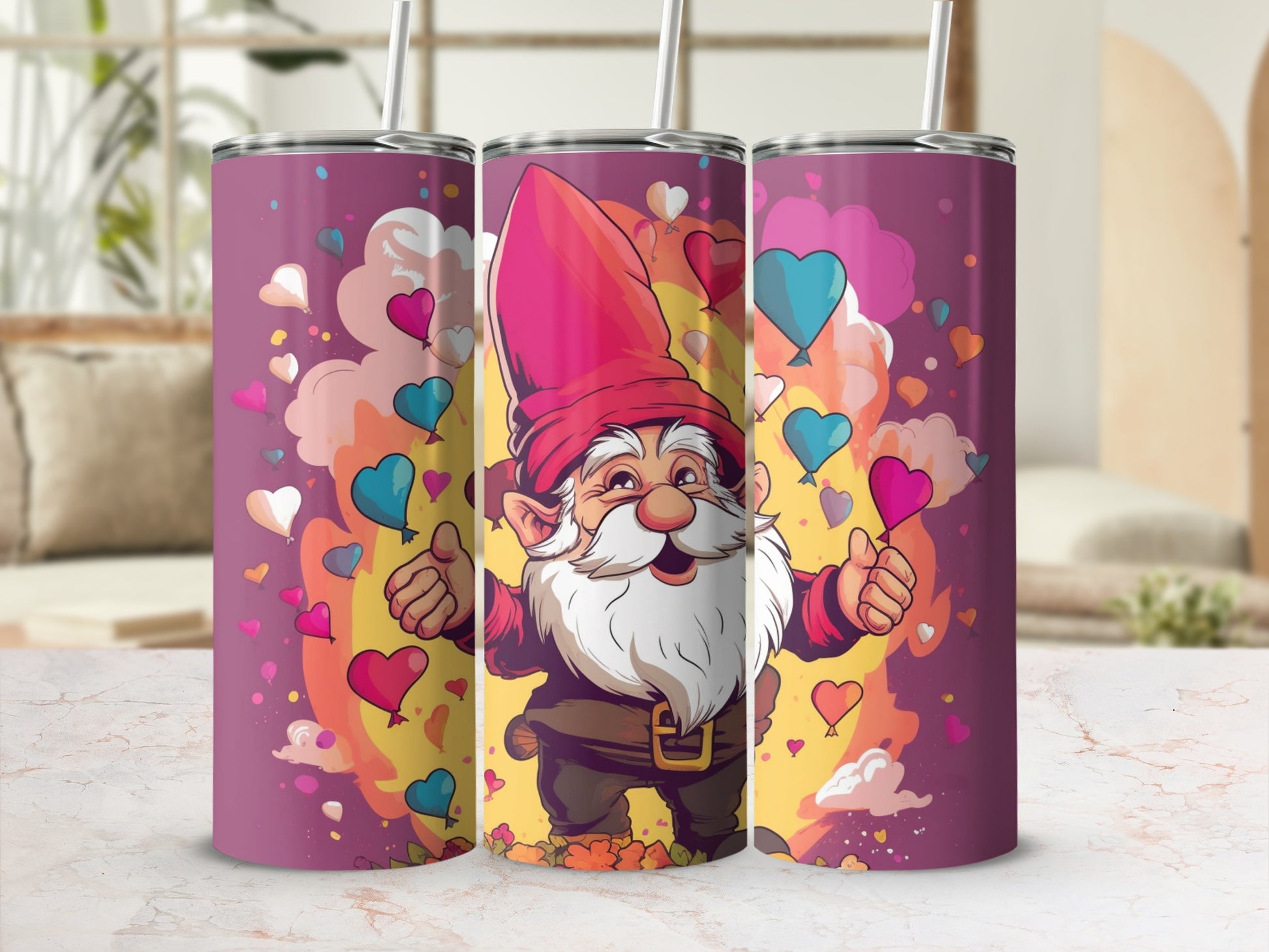 Cute Gnome with Colorful Hearts Tumbler Design