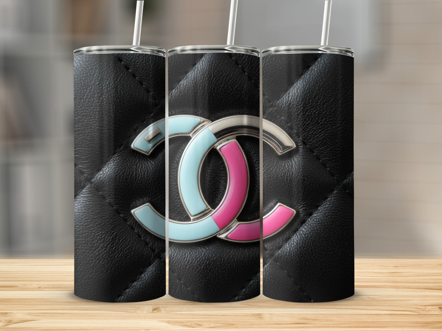 Double C Logo in Aqua Pink Pattern Tumbler