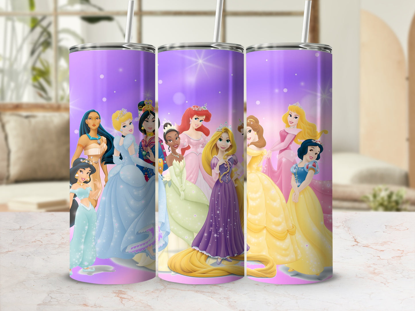 Vibrant Disney Princesses Themed Tumbler Cup Design