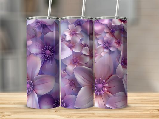 Three tumblers with a purple floral pattern.