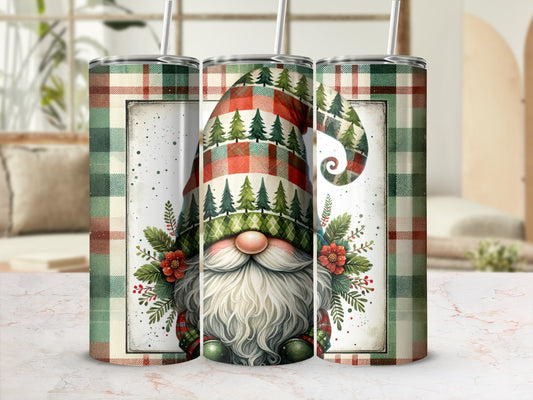 Tartan plaid gnome with red flowers and green trees on tumbler.