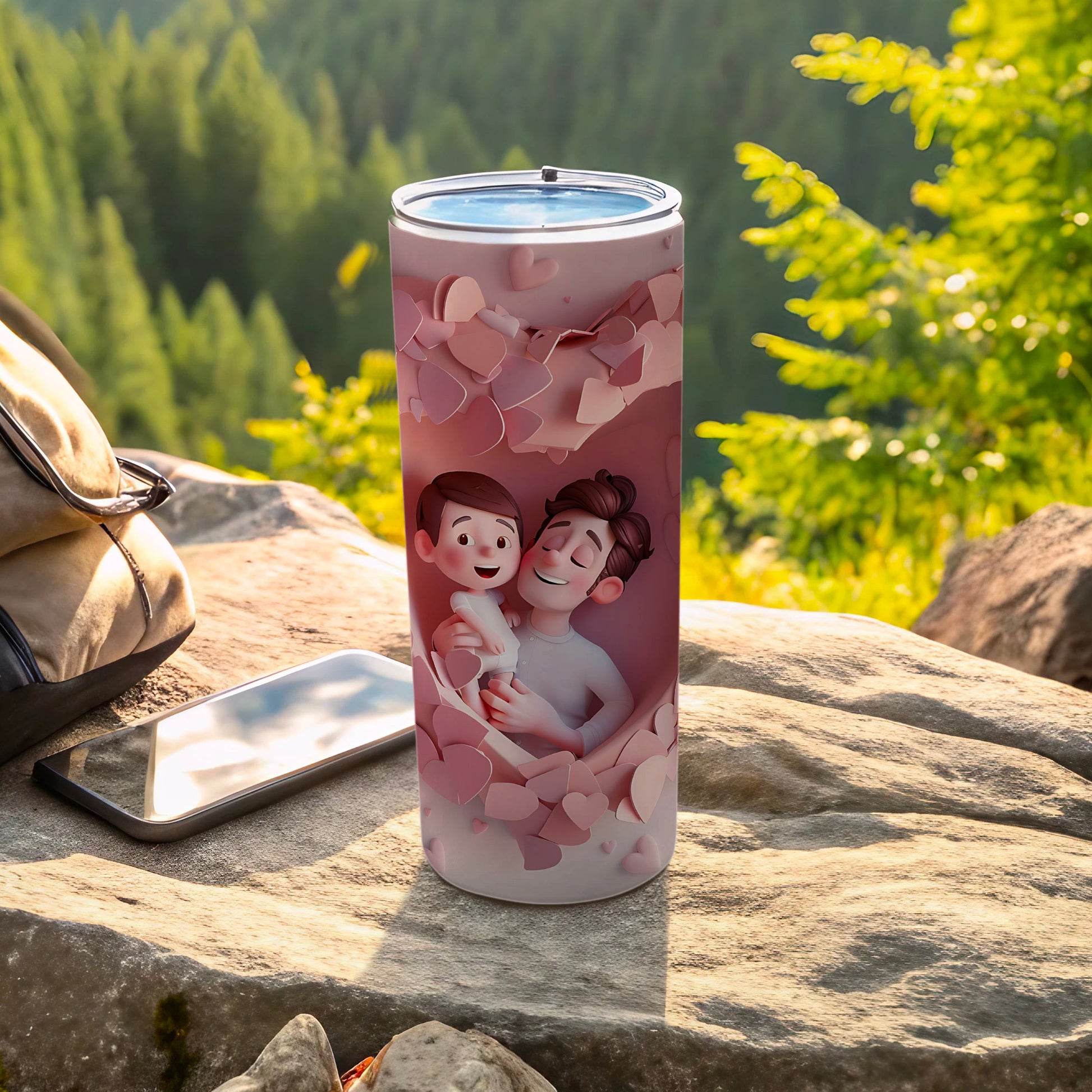 Tumbler with cartoon father and son embraced by pink hearts.